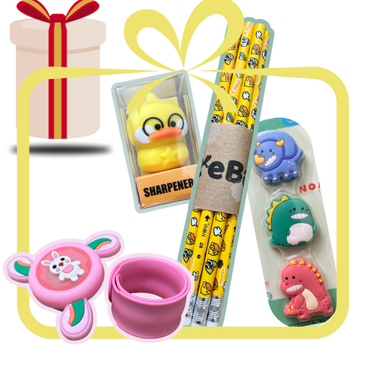 Kids Stationery Gift Set – Duck Sharpener, 6 Pencils, 3 Dino Shaped Erasers & LED Watch | Fun Return Gift for Boys & Girls
