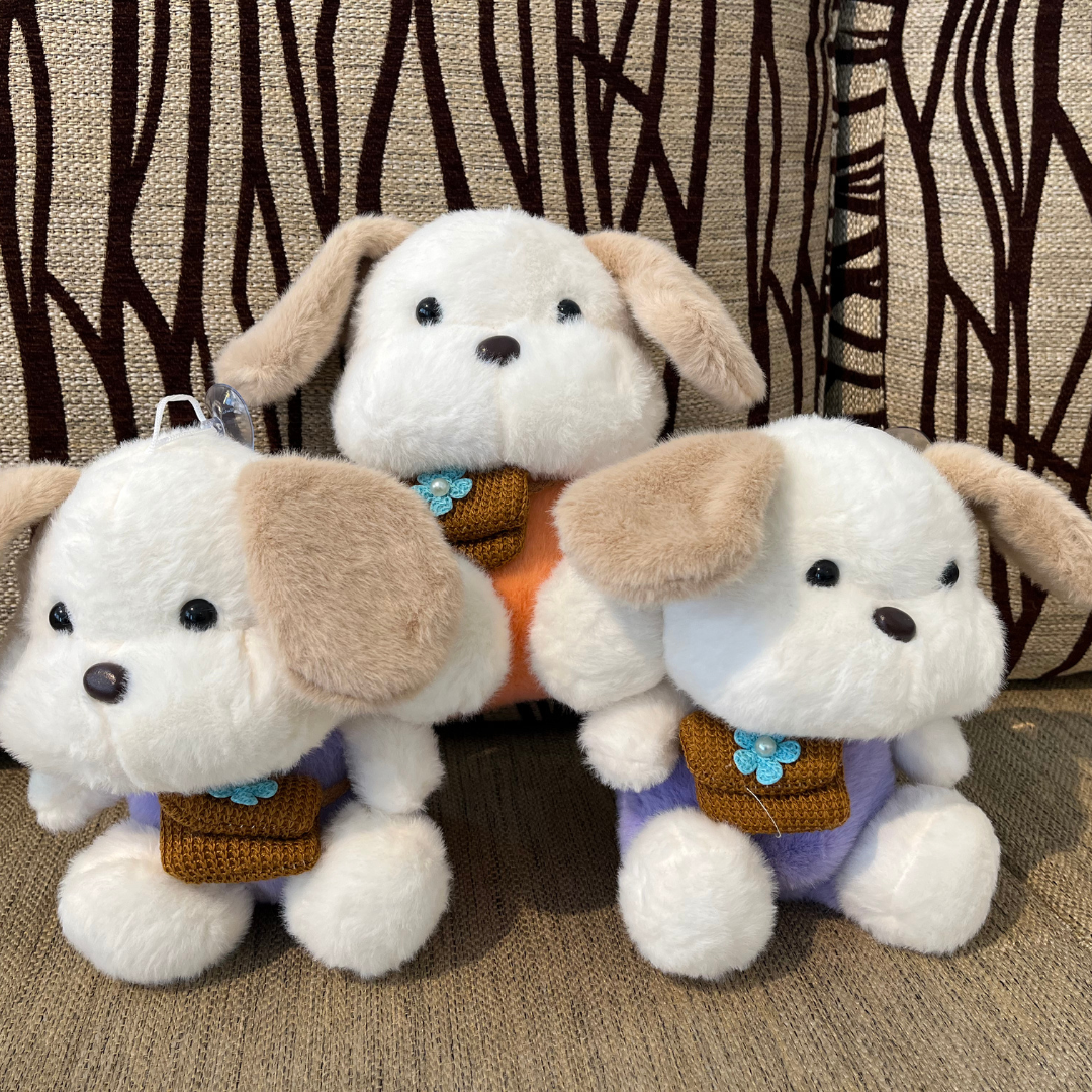 Soft Puppy Toy with Pouch – White & Brown Dog Plush with Colorful T-Shirt | Medium Size (21x15x14 cm)