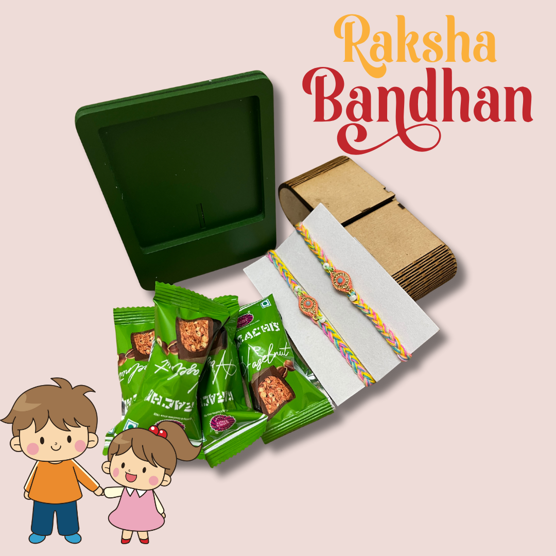 Rakhi Hamper for Brother – MDF Box with Rakhi, Green MDF Photo Frame & Hazelnut Chocolates | Raksha Bandhan Gift Set