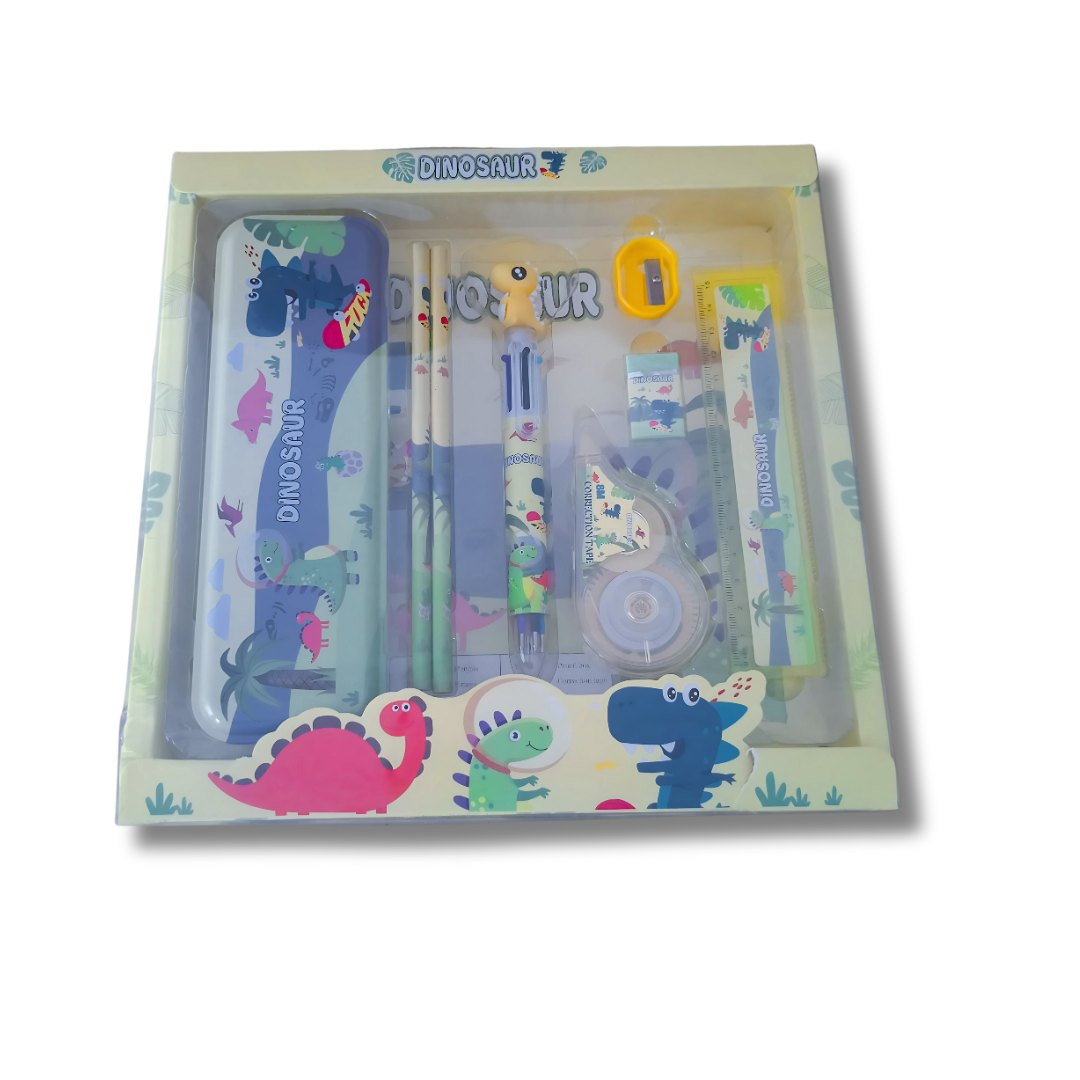 RREBA Dinosaur Stationery Gift Set for Kids – Pencil Box, Pencils, Sharpener, Eraser, Pen, Ruler & Tape | Return Gift for Boys & Girls (Age 3–10)