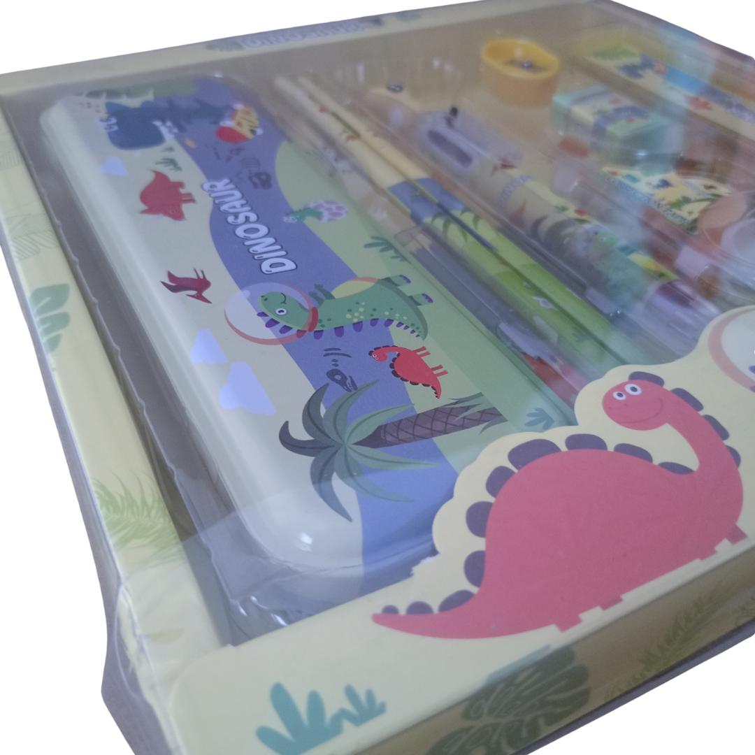 RREBA Dinosaur Stationery Gift Set for Kids – Pencil Box, Pencils, Sharpener, Eraser, Pen, Ruler & Tape | Return Gift for Boys & Girls (Age 3–10)