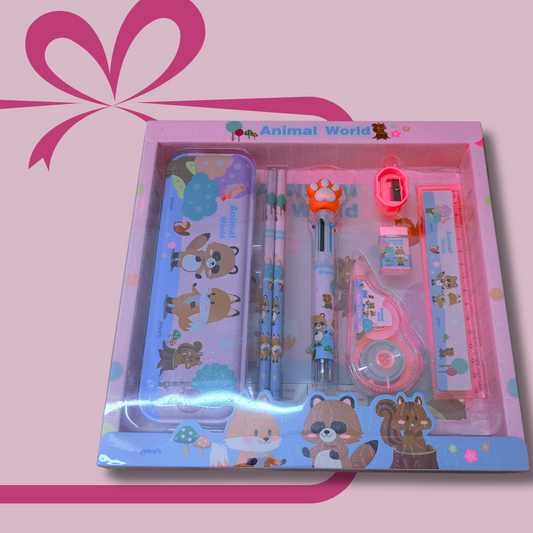 Animal themed Stationery Gift Set for Kids – Pencil Box, Pencils, Sharpener, Eraser, Pen, Ruler & Tape | Return Gift for Boys & Girls (Age 3–10) (Animal World)
