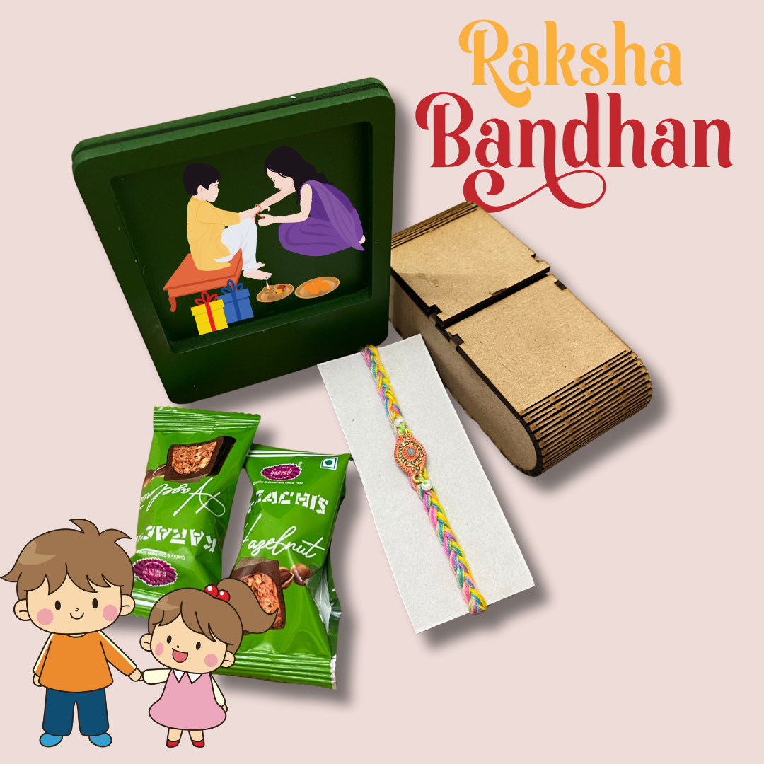 Rakhi Hamper for Brother – MDF Box with Rakhi, Green MDF Photo Frame & Hazelnut Chocolates | Raksha Bandhan Gift Set