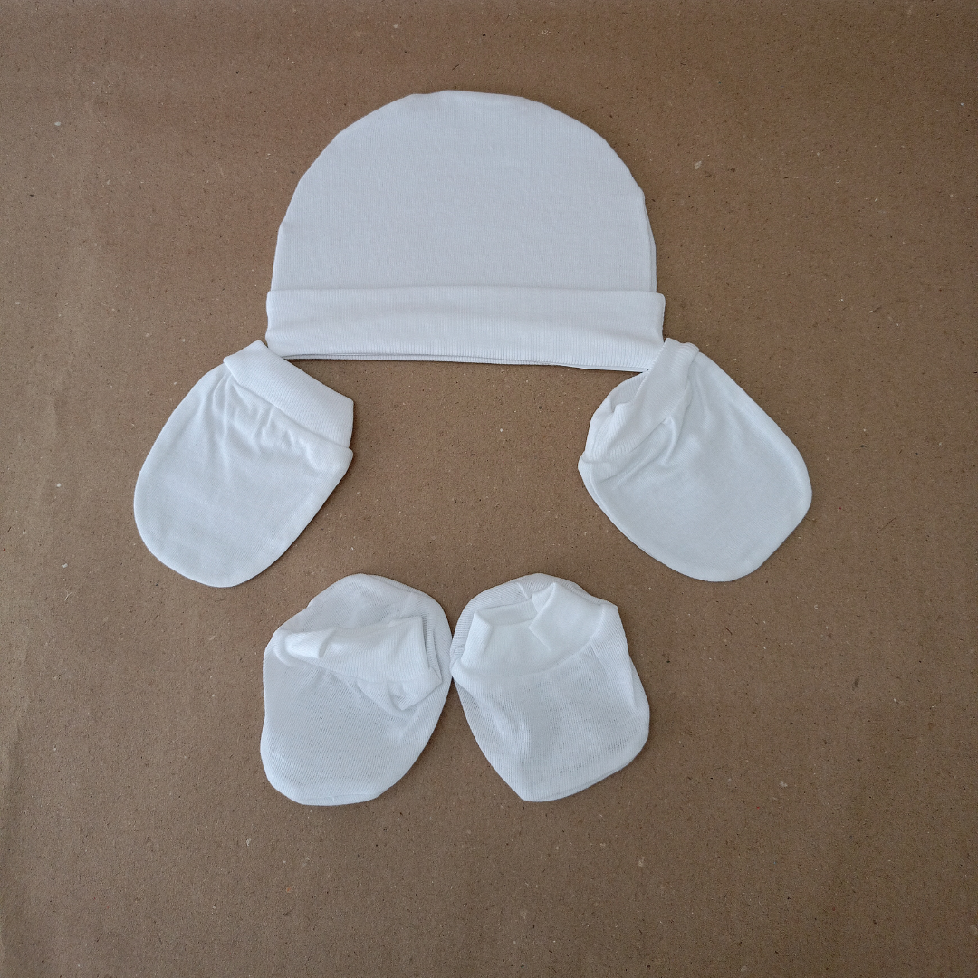 Newborn Baby Mittens Set – Gloves, Socks & Cap | 0-3 Months | Soft Cotton | White | Unisex Essentials