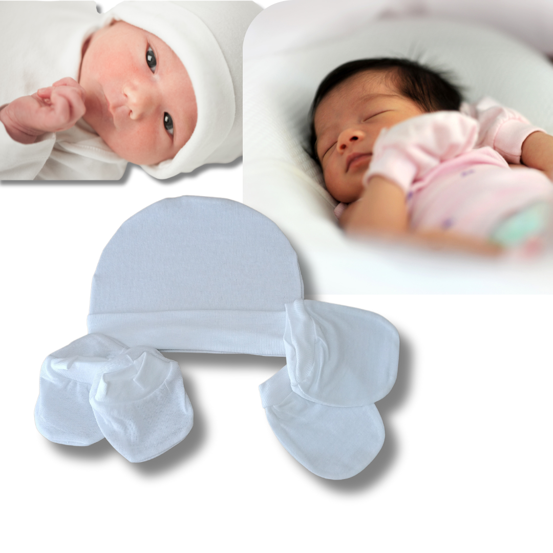 Newborn Baby Mittens Set – Gloves, Socks & Cap | 0-3 Months | Soft Cotton | White | Unisex Essentials