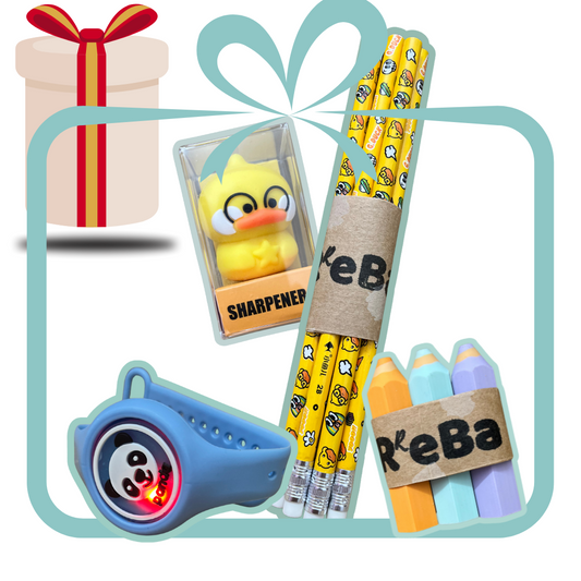Kids Stationery Gift Set – Duck Sharpener, 6 Pencils, 3 Highlighter Shaped Erasers & LED Watch | Fun Return Gift for Boys & Girls