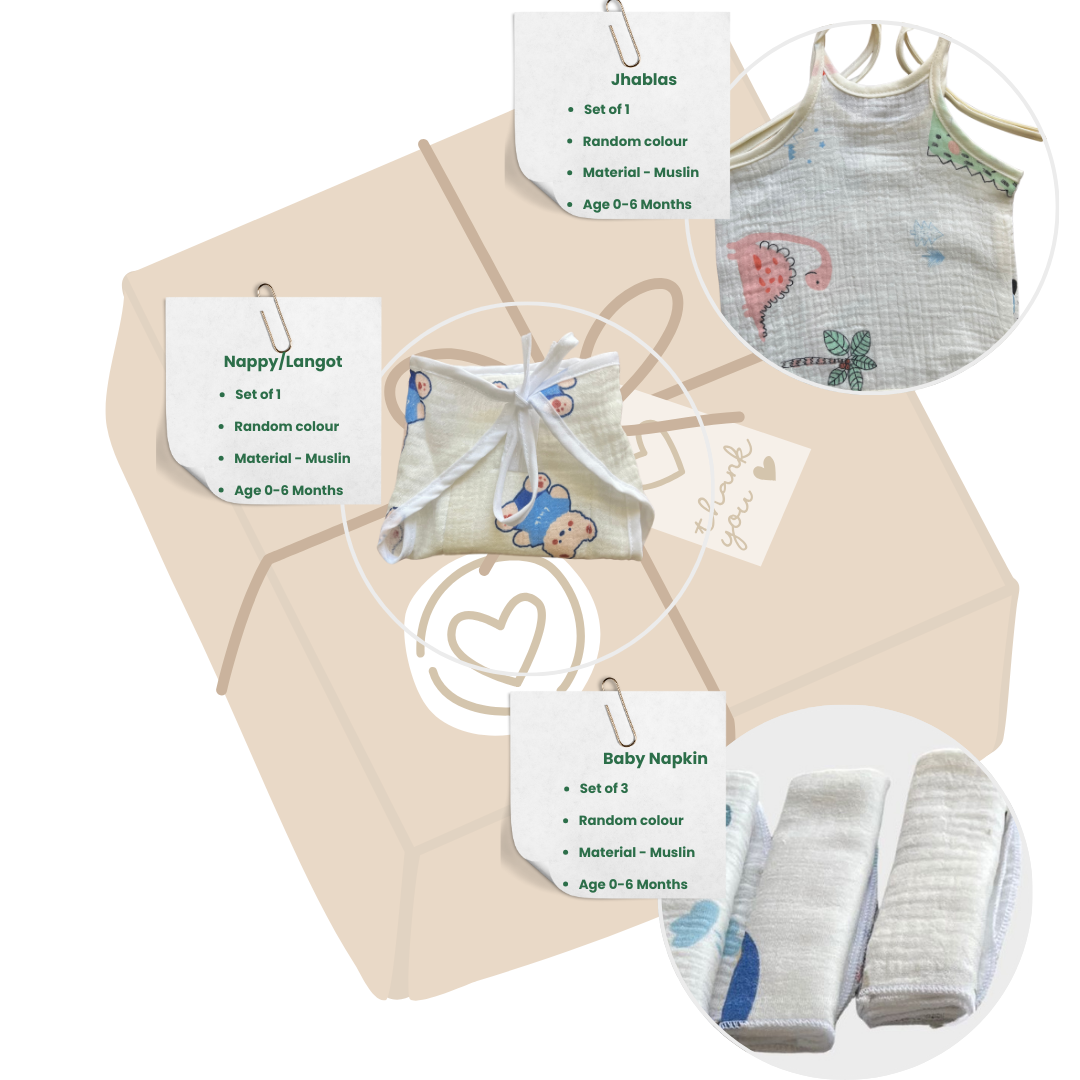 Muslin Essentials Baby Gift Set – Jhabla, Langot & Napkins (Set of 5)