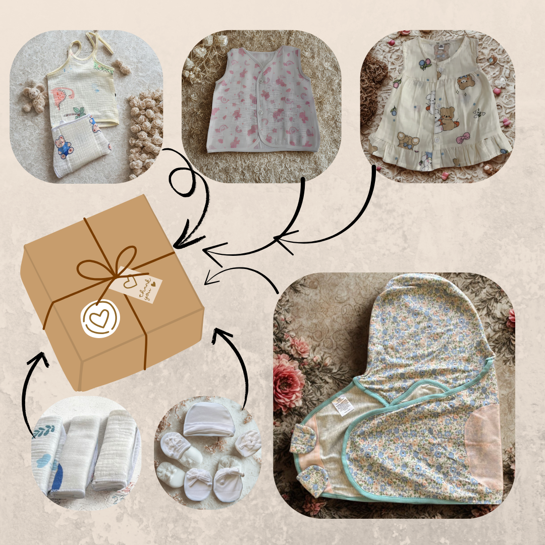Newborn Muslin Essentials Gift Set Large (0–3 Months) – 2 Jhablas, Frock, Langot, 2 Napkins, Swaddle, Cap, Mittens & Socks (Set of 10)