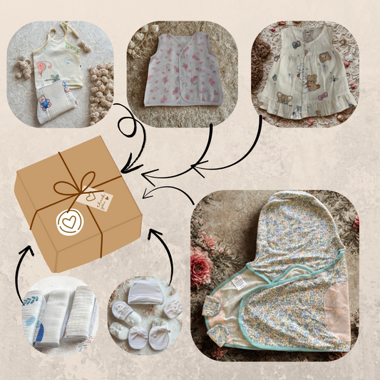 Newborn Muslin Essentials Gift Set Large (0–3 Months) – 2 Jhablas, Frock, Langot, 2 Napkins, Swaddle, Cap, Mittens & Socks (Set of 10)