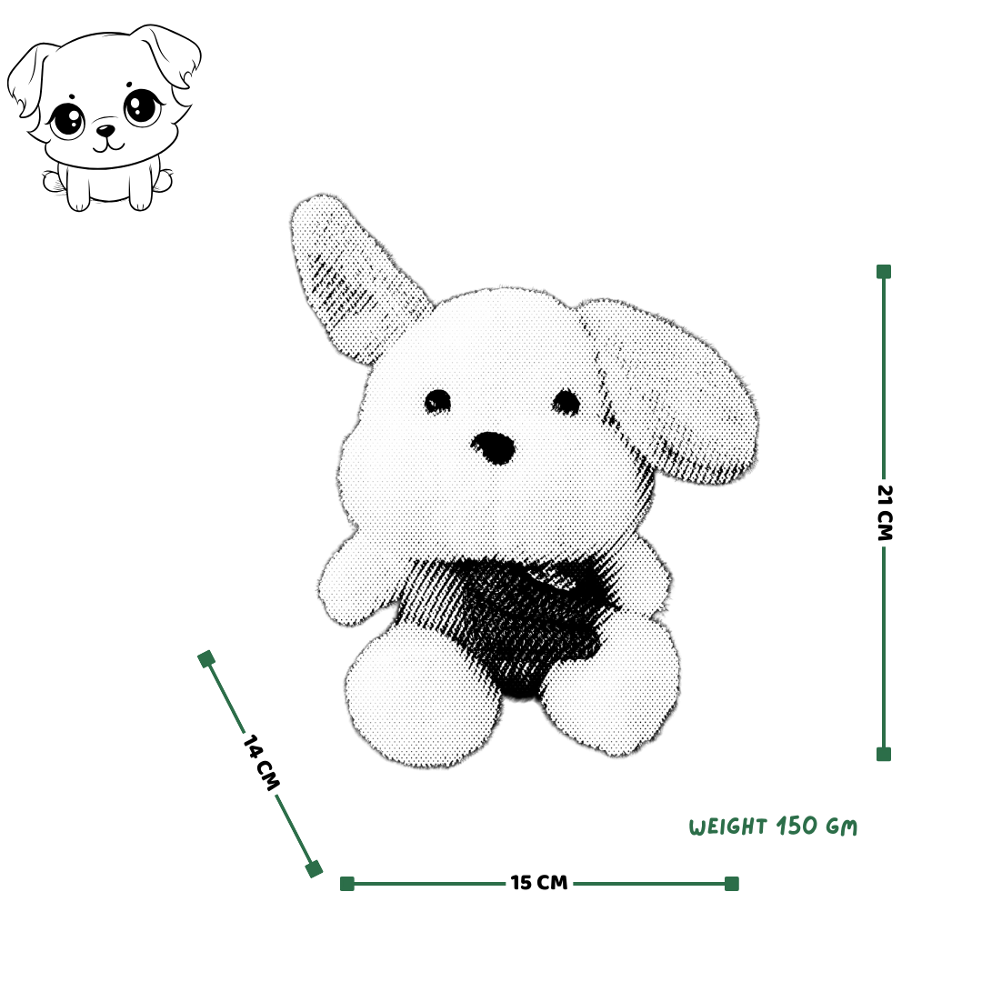 Soft Puppy Toy with Pouch – White & Brown Dog Plush with Colorful T-Shirt | Medium Size (21x15x14 cm)