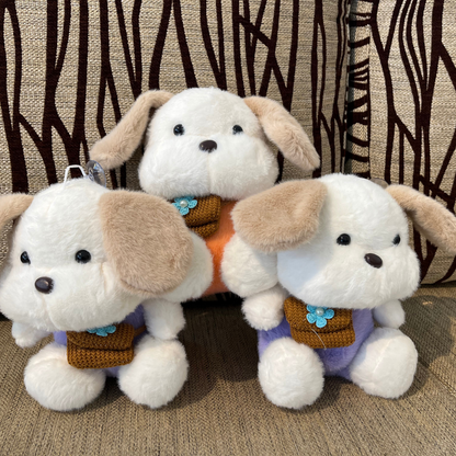 Soft Puppy Toy with Pouch – White & Brown Dog Plush with Colorful T-Shirt | Medium Size (21x15x14 cm)