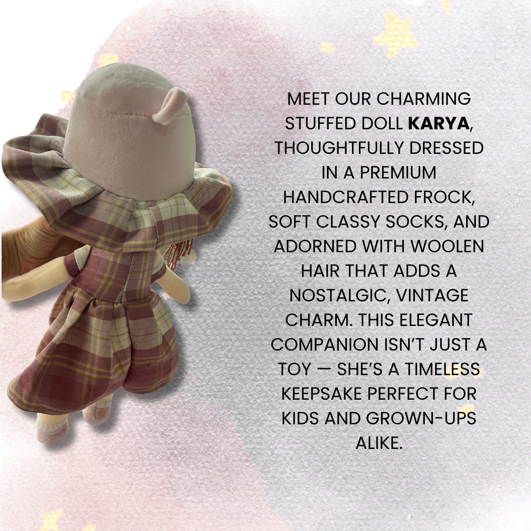 Miss Karya – 46 cm Soft Stuffed Girl Doll | Cute Checked Dress | Super Soft, Washable & 100% Safe for Kids