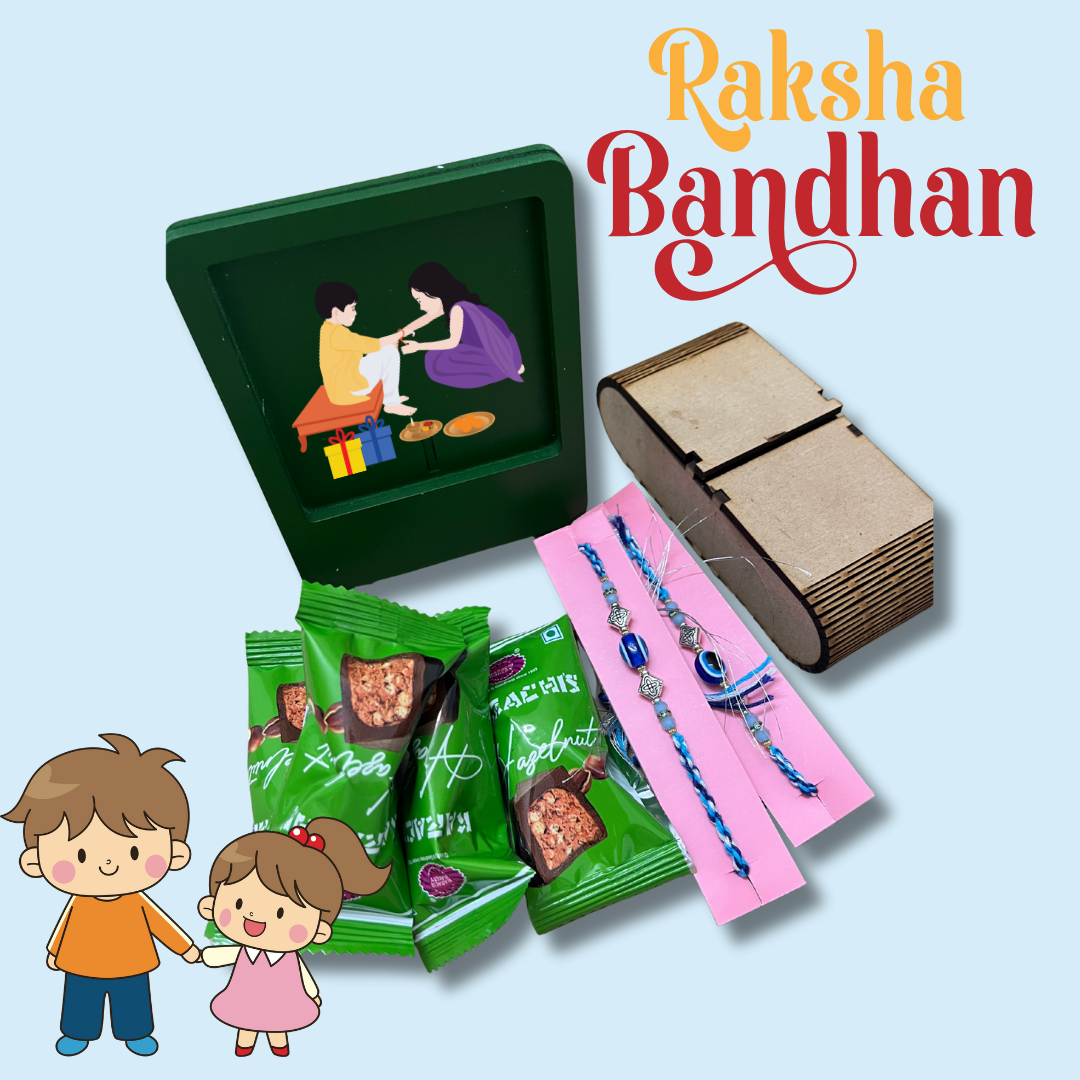 Rakhi Hamper for Brother – MDF Box with Rakhi, Green MDF Photo Frame & Hazelnut Chocolates | Raksha Bandhan Gift Set