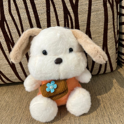 Soft Puppy Toy with Pouch – White & Brown Dog Plush with Colorful T-Shirt | Medium Size (21x15x14 cm)