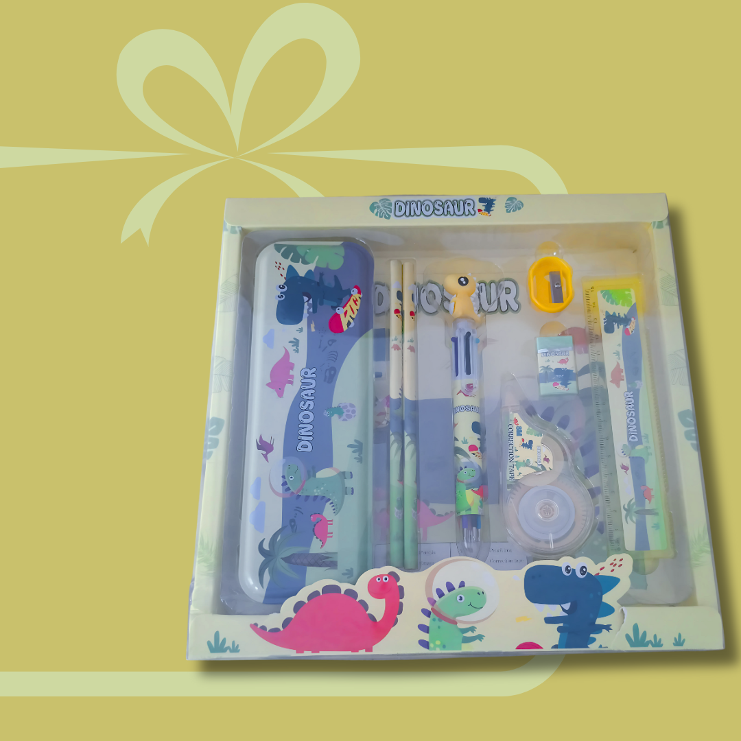 RREBA Dinosaur Stationery Gift Set for Kids – Pencil Box, Pencils, Sharpener, Eraser, Pen, Ruler & Tape | Return Gift for Boys & Girls (Age 3–10)