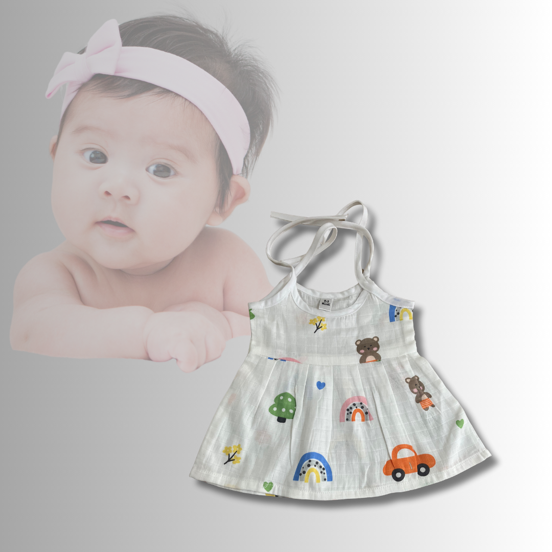 Muslin Knot-Tie Frock Jhabla for Newborn Baby Girls | Soft Cotton | 0-3 Months