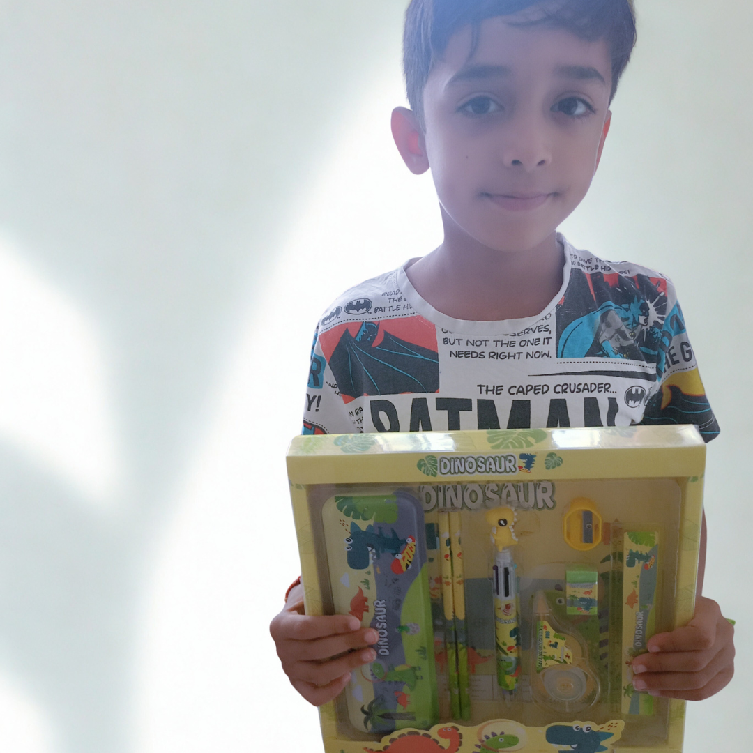 RREBA Dinosaur Stationery Gift Set for Kids – Pencil Box, Pencils, Sharpener, Eraser, Pen, Ruler & Tape | Return Gift for Boys & Girls (Age 3–10)