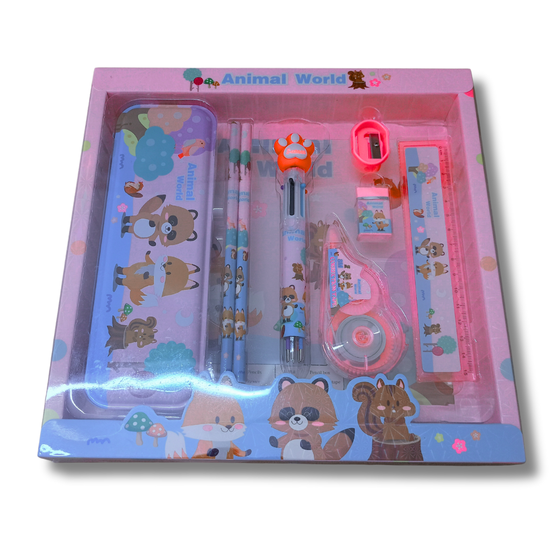 Animal themed Stationery Gift Set for Kids – Pencil Box, Pencils, Sharpener, Eraser, Pen, Ruler & Tape | Return Gift for Boys & Girls (Age 3–10) (Animal World)