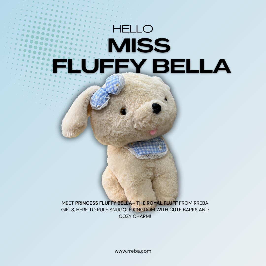 Miss Fluffy Bella – White Stuffed Dog Toy with Blue Bow | 32 CM | Cuddly Soft Toy for All Ages