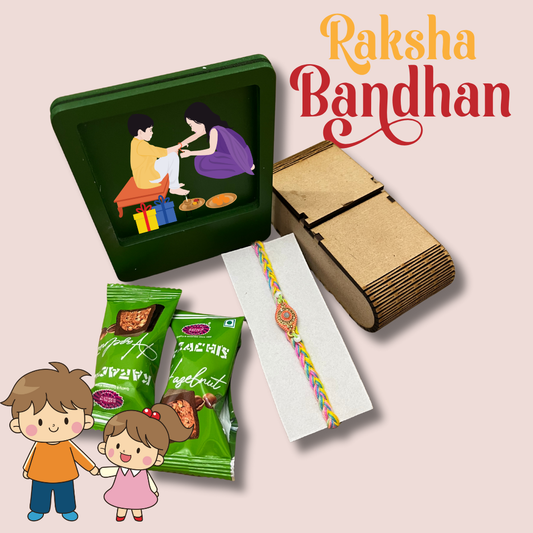 Rakhi Hamper for Brother – MDF Box with Rakhi, Green MDF Photo Frame & Hazelnut Chocolates | Raksha Bandhan Gift Set