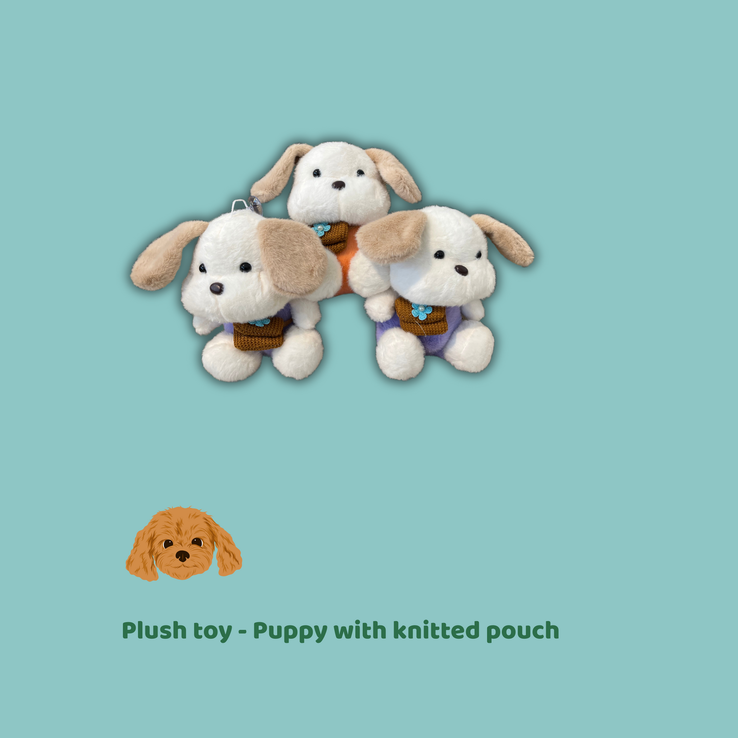 Soft Puppy Toy with Pouch – White & Brown Dog Plush with Colorful T-Shirt | Medium Size (21x15x14 cm)