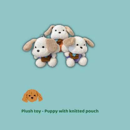 Soft Puppy Toy with Pouch – White & Brown Dog Plush with Colorful T-Shirt | Medium Size (21x15x14 cm)