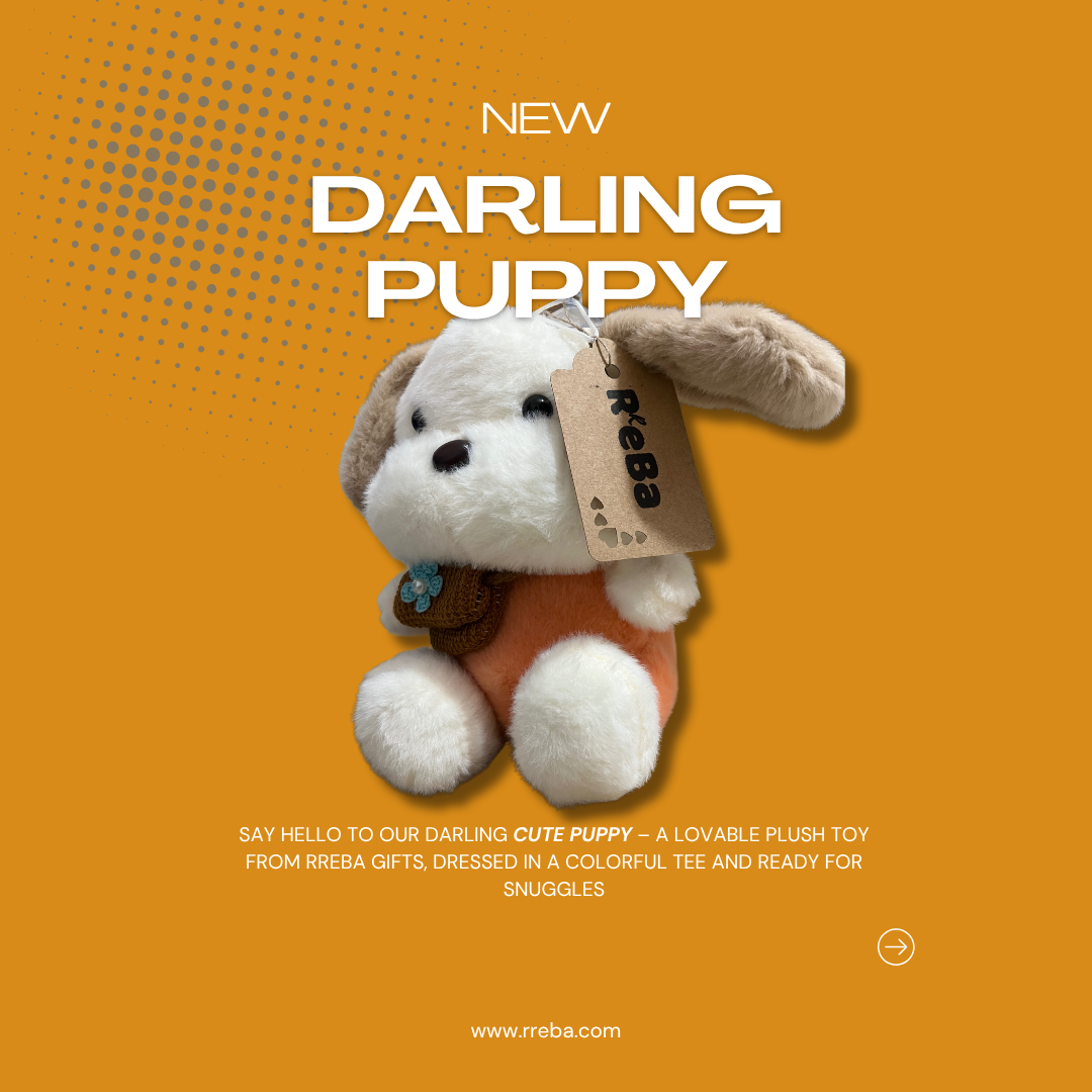 Soft Puppy Toy with Pouch – White & Brown Dog Plush with Colorful T-Shirt | Medium Size (21x15x14 cm)
