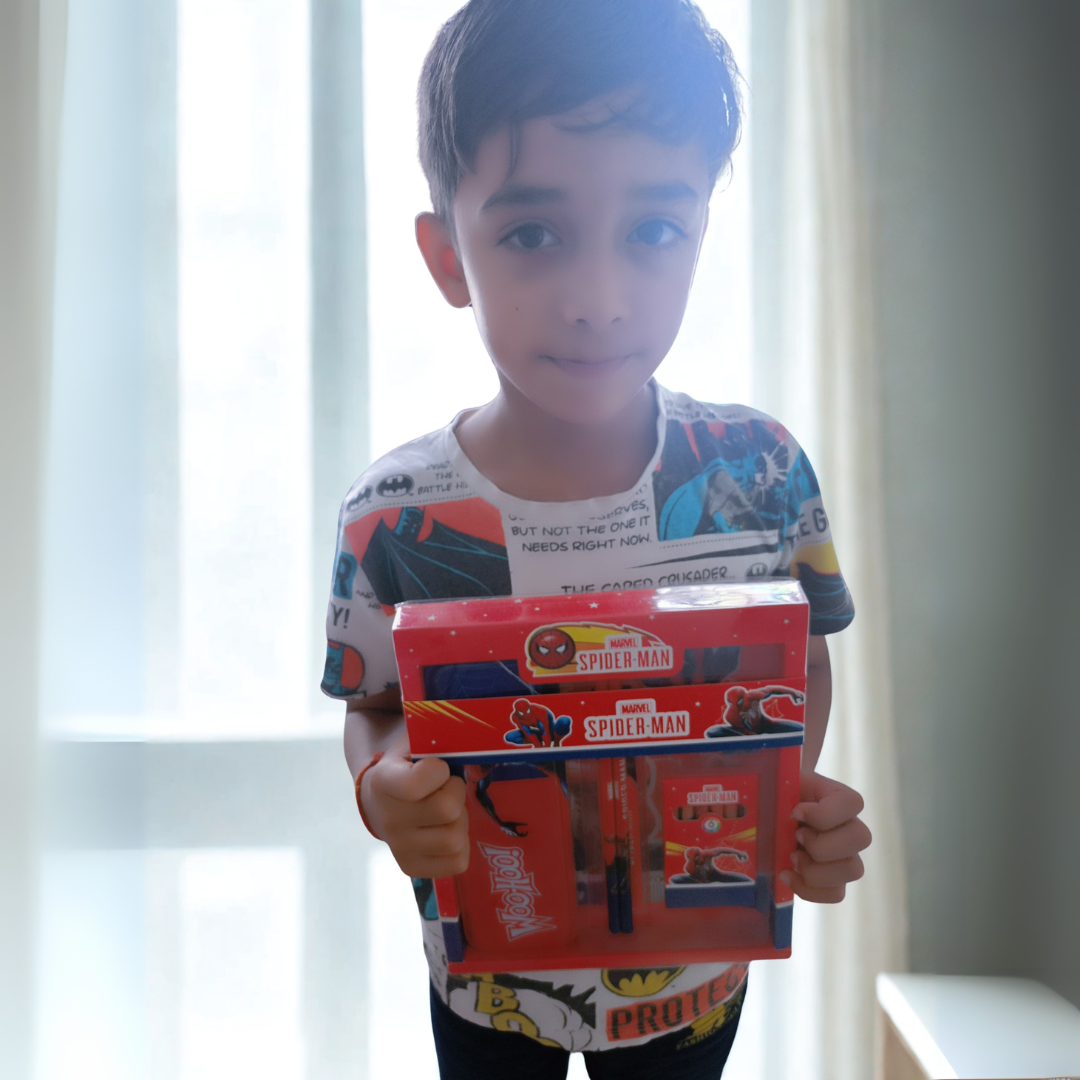 Spiderman Kids Stationery Gift Set – Pencil Box, Pencils, Eraser, Ruler, Sharpener & Colours | School Supply Hamper & Return Gift