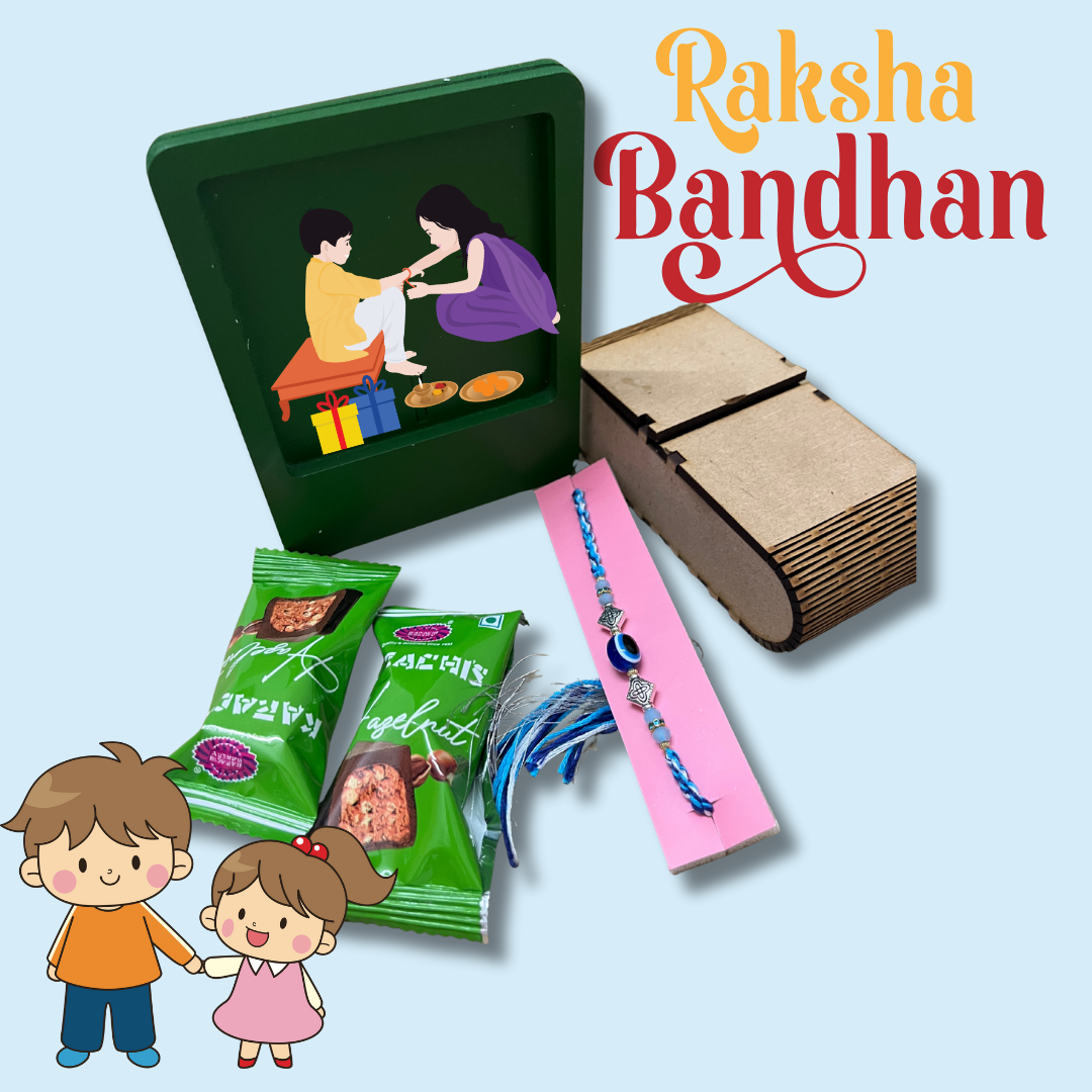 Rakhi Hamper for Brother – MDF Box with Rakhi, Green MDF Photo Frame & Hazelnut Chocolates | Raksha Bandhan Gift Set