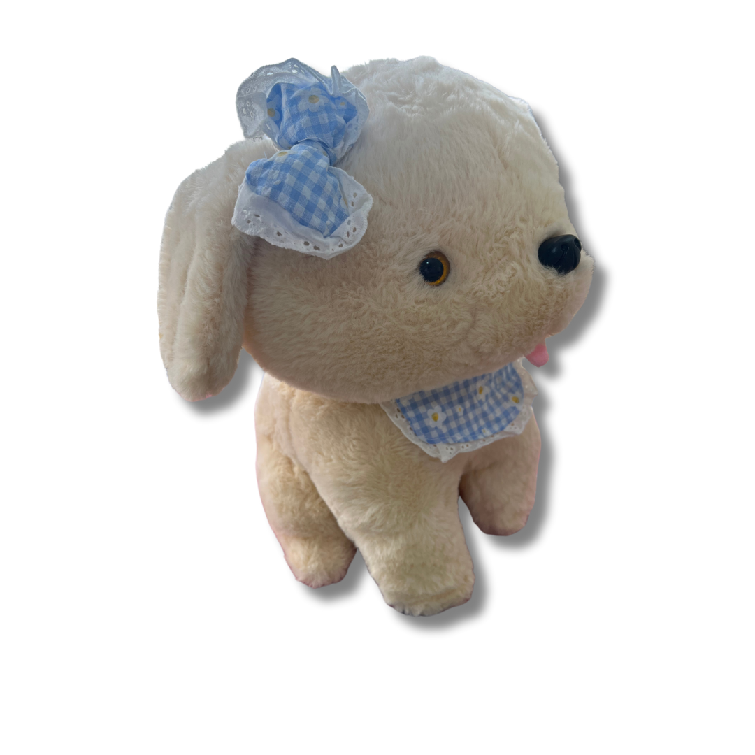 Miss Fluffy Bella – White Stuffed Dog Toy with Blue Bow | 32 CM | Cuddly Soft Toy for All Ages