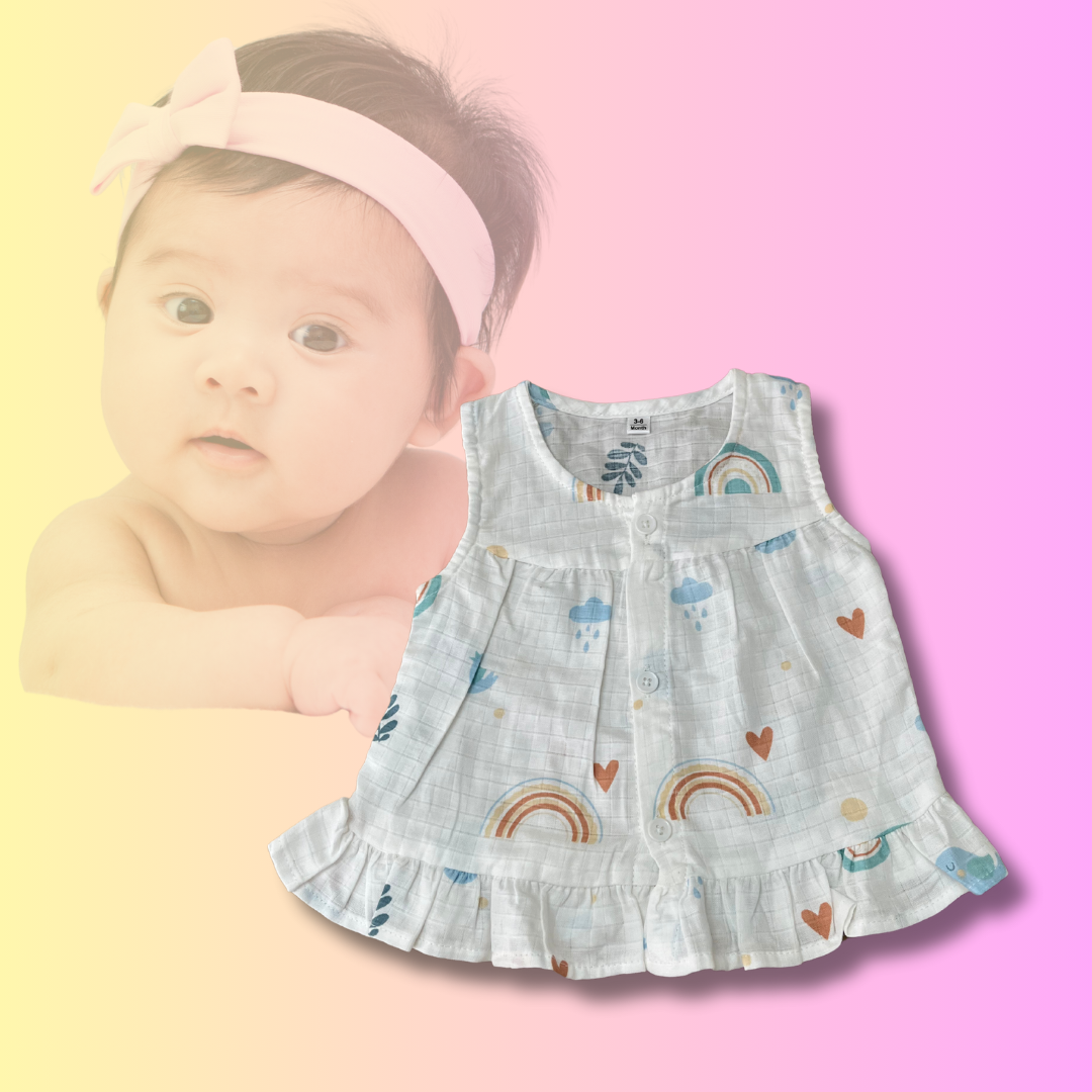 Muslin Frock/Jhabla for Baby Girls | 0-6 Months | Soft & Breathable | Multi-Color | Newborn Baby Dress