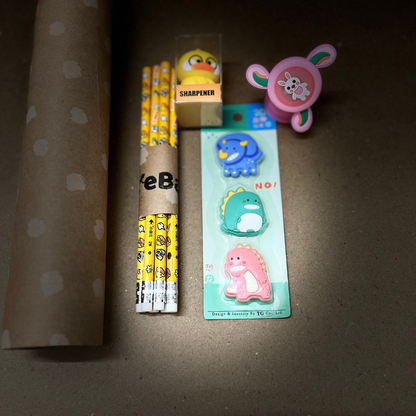 Kids Stationery Gift Set – Duck Sharpener, 6 Pencils, 3 Dino Shaped Erasers & LED Watch | Fun Return Gift for Boys & Girls