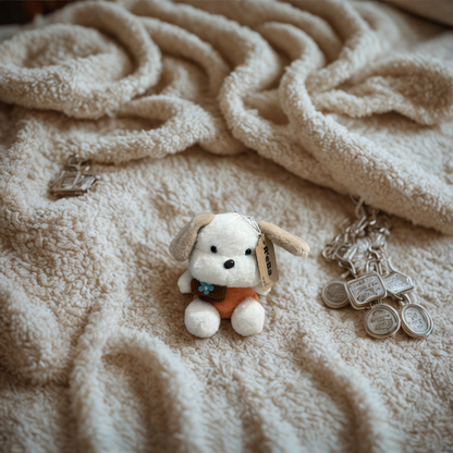 Soft Puppy Toy with Pouch – White & Brown Dog Plush with Colorful T-Shirt | Medium Size (21x15x14 cm)