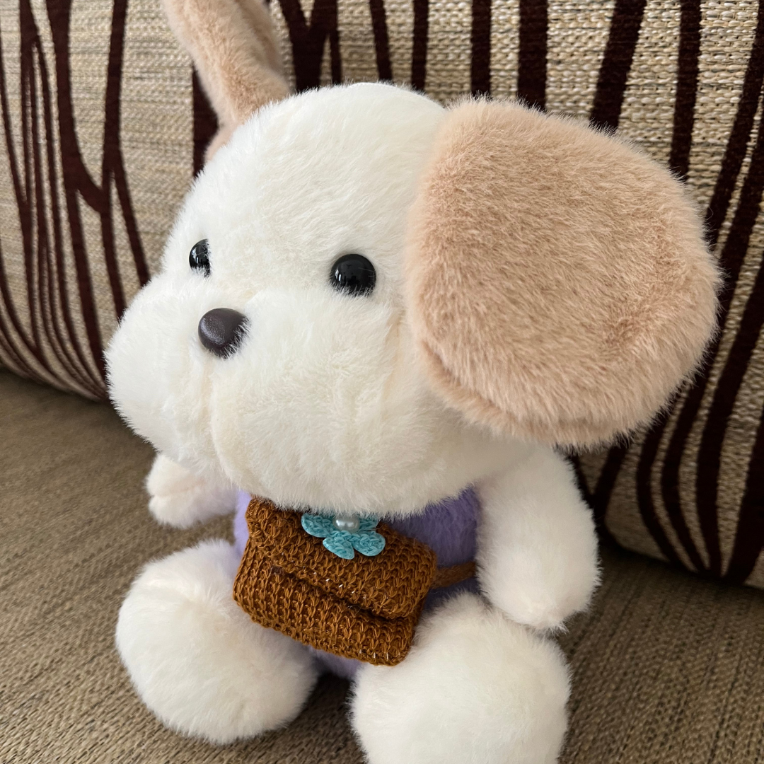 Soft Puppy Toy with Pouch – White & Brown Dog Plush with Colorful T-Shirt | Medium Size (21x15x14 cm)