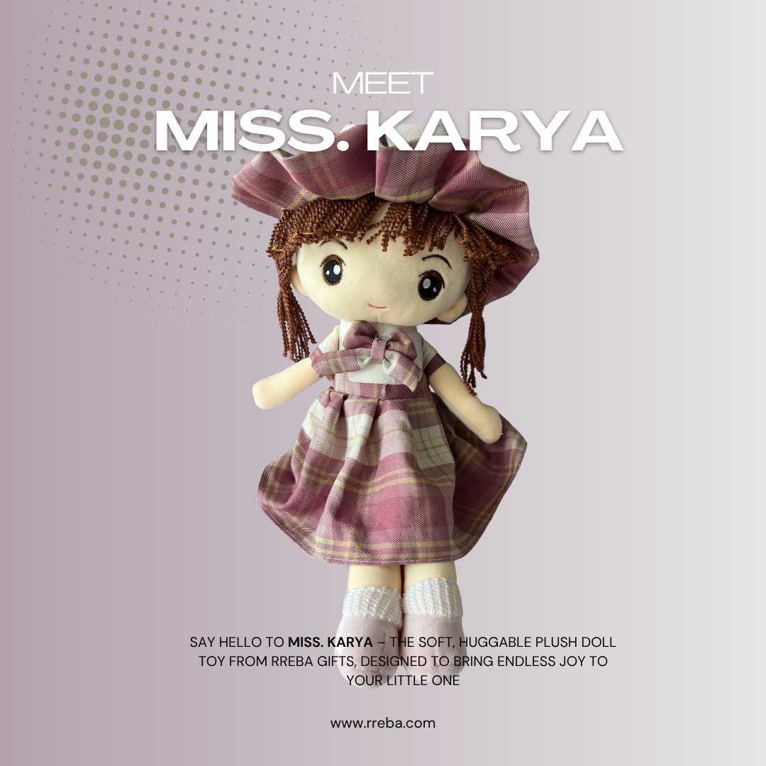 Miss Karya – 46 cm Soft Stuffed Girl Doll | Cute Checked Dress | Super Soft, Washable & 100% Safe for Kids